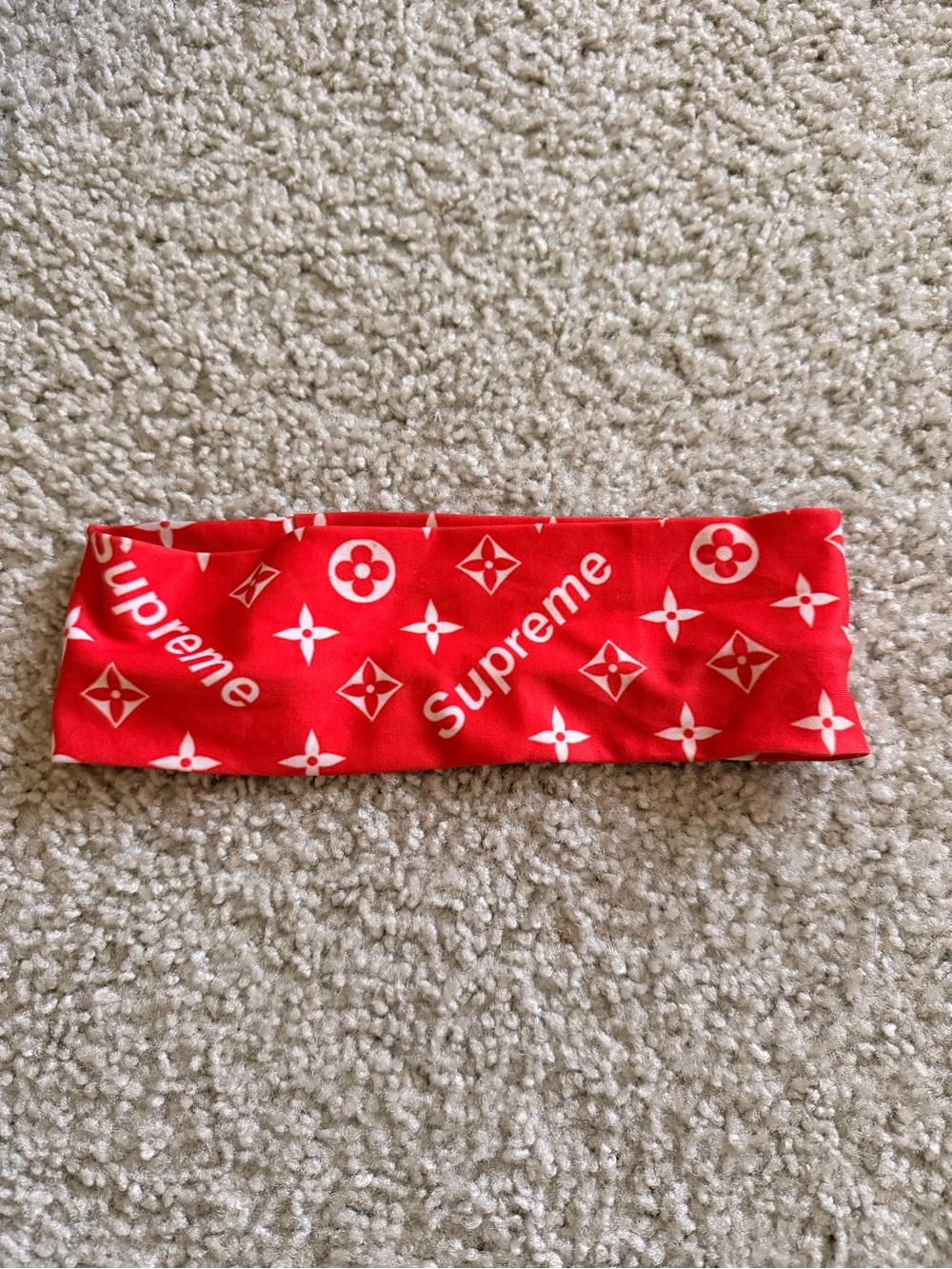 Supreme Red Headband with White Logo Pattern